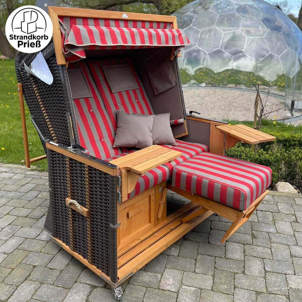 Lager Strandkorb Eiderstedter Typ 3, 140 cm, Modell Deich, Geflecht cappuccino, Holz Lärche, wie abgebildet - Strandkorb Fachhandel Prieß