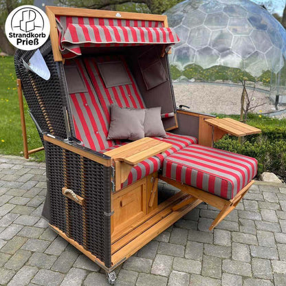 Lager Strandkorb Eiderstedter Typ 3, 140 cm, Modell Deich, Geflecht cappuccino, Holz Lärche, wie abgebildet - Strandkorb Fachhandel Prieß