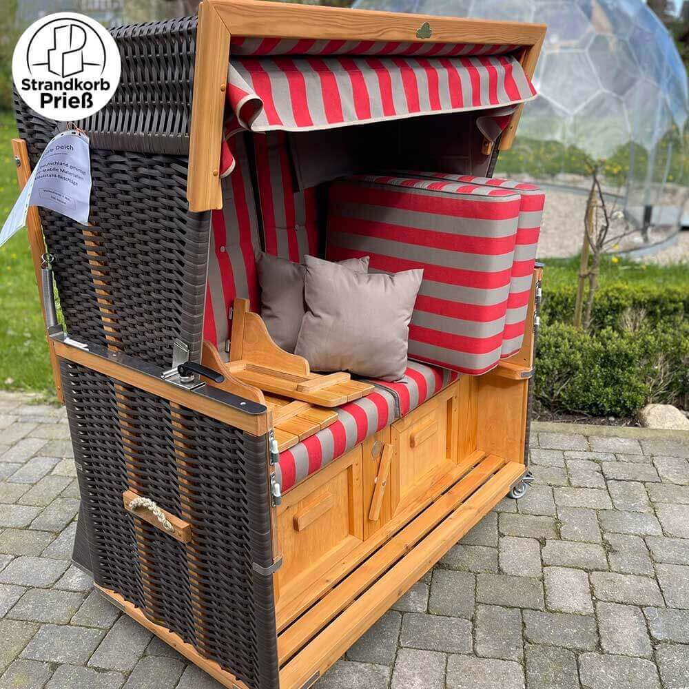 Lager Strandkorb Eiderstedter Typ 3, 140 cm, Modell Deich, Geflecht cappuccino, Holz Lärche, wie abgebildet - Strandkorb Fachhandel Prieß