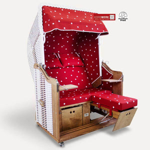 Strandkorb Fliegenpilz, PVC weiss, Markisenstoff rot weiss, 2-Sitzer 125x165x89 cm