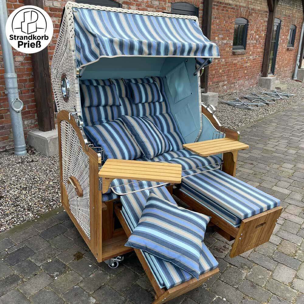 7018 Strandkorb Prieß Modell Meister, Foto zeigt Iroko Holz, PE Geflecht taupe, Größe wählbar, Stoffdessin wie abgebildet - Strandkorb Fachhandel Prieß