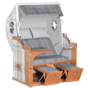 Strandkorb Sonnenpartner Classic PE white-washed mit grauem Dessin 198, Holz lasiert, verstellbaren Fußstützen und Komfortkopfkissen