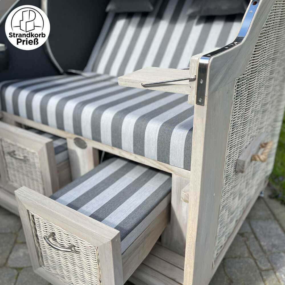 Strandkorb Landhaus Sylt Teak Vintage 120 cm, Rattangeflecht white washed, Dessin Cadiz 32708 - Strandkorb Fachhandel Prieß