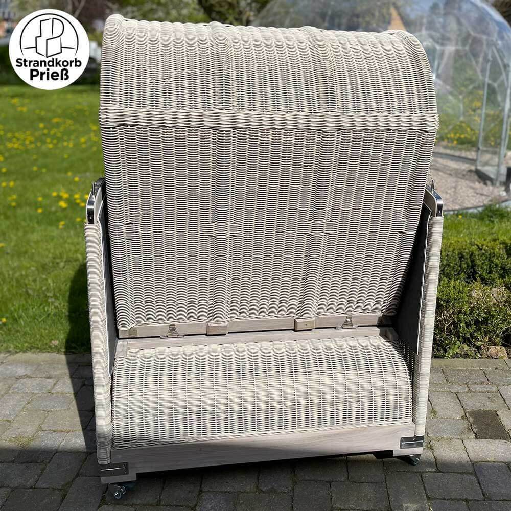 Strandkorb Landhaus Sylt Teak Vintage 120 cm, Rattangeflecht white washed, Dessin Cadiz 32708 - Strandkorb Fachhandel Prieß
