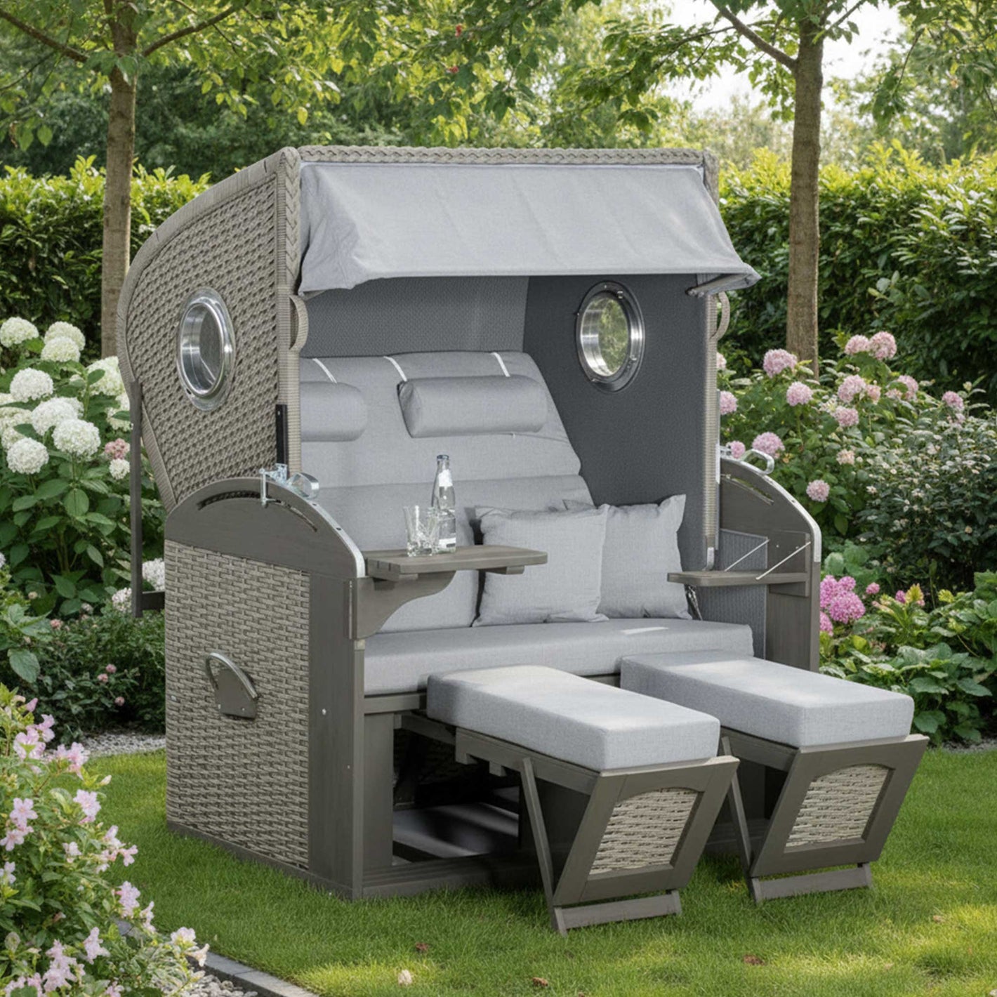 Strandkorb SunnySmart Rustikal 305 Z Bullaugen Comfort XL, Pinienholz grau lasiert PE-Geflecht stone-grey Dessin 1222 grau