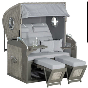 Strandkorb SunnySmart Rustikal 305 Z Bullaugen Comfort XL, Pinienholz grau lasiert PE-Geflecht stone-grey Dessin 1222 grau