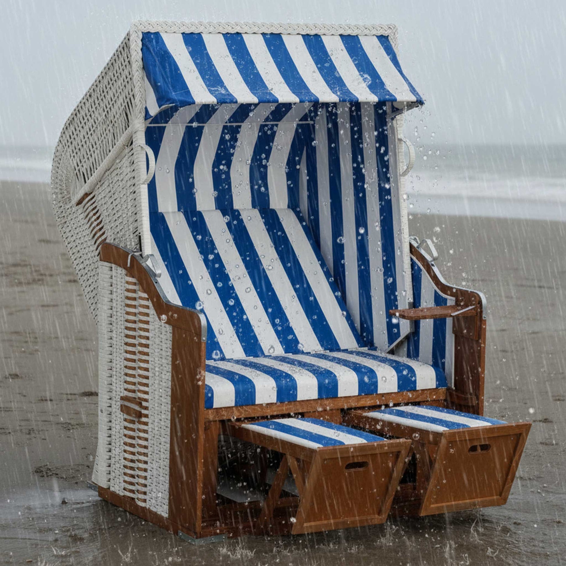 Strandkorb blau weiss am Strand bei Regen