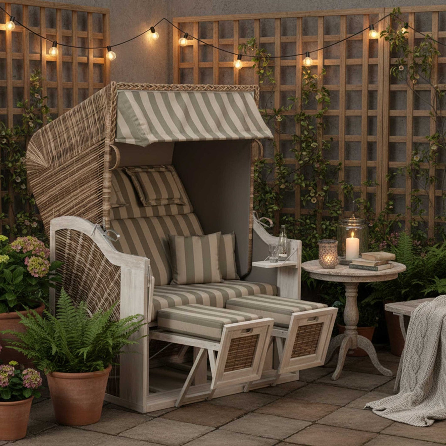 Strandkorb SunnySmart Rustikal 285 Z Sun, Pinienholz Iceflower-Optik, PE-Geflecht mix-brown - Dessin 1248 sand braun