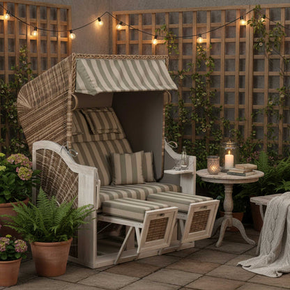 Strandkorb SunnySmart Rustikal 285 Z Sun, Pinienholz Iceflower-Optik, PE-Geflecht mix-brown - Dessin 1248 sand braun