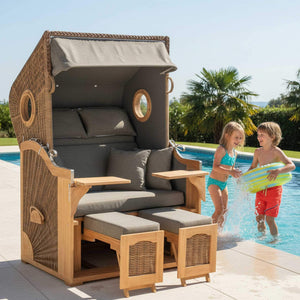 Strandkorb Teak Cosy am Pool mit 2 Kindern