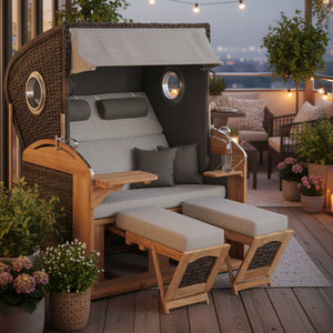 Strandkorb SunnySmart Rustikal 305 Z Bullaugen Comfort XL, TEAK - PE-Geflecht vintage-braun Dessin 1222