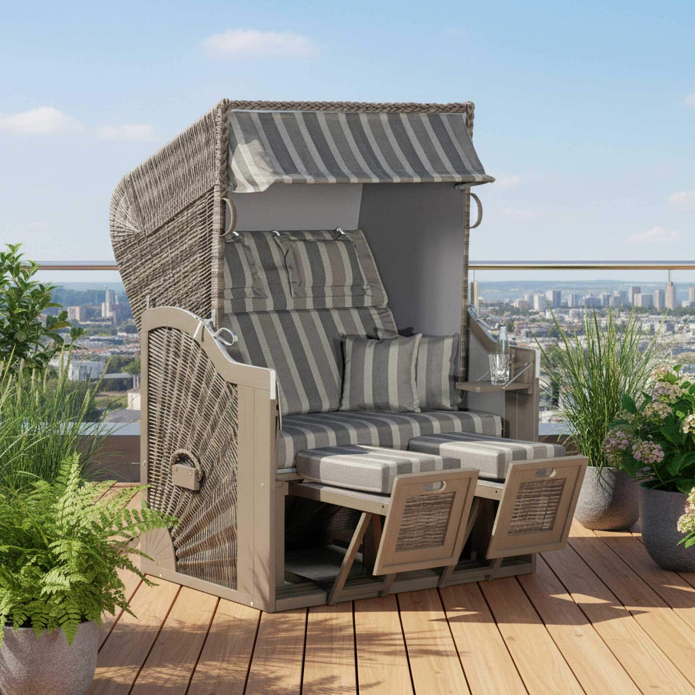 Strandkorb SunnySmart Rustikal 285 Z Sun, Pinienholz grau lasiert, PE-Geflecht schiefer grau - Dessin 1232