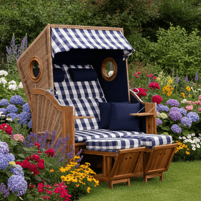 Strandkorb Trendy Trend 45 mit Bullaugen in PE walnut, Dessin 743 blau weiß kariert im blühenden Garten aufgestellt