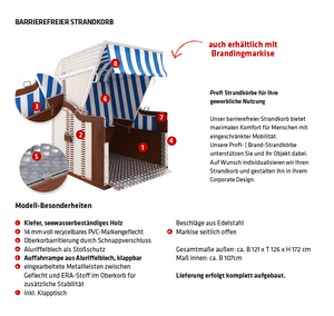 Barrierefreier Strandkorb für Rollstuhlfahrer mit stabiler Konstruktion und breitem Einstieg für optimalen Komfort.