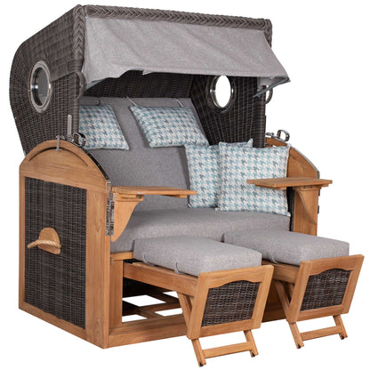 Strandkorb Trendy PURE Talland Teak Bullaugen PE stone grey Dessin 165 hellgrau blau gemustert - AUFGEBAUT