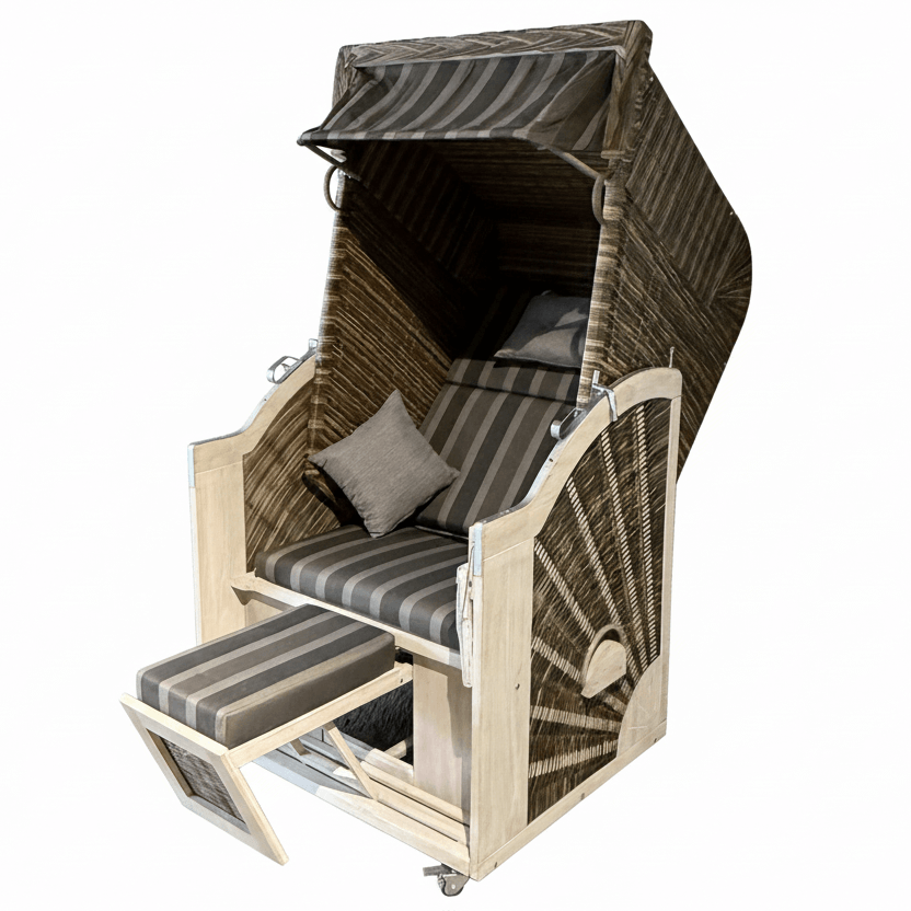 Strandkorb Trendy PURE Classic Single SUN PE white kubu Dessin 402 mit verstellbarem Fußteil und Polster in Grau gestreift