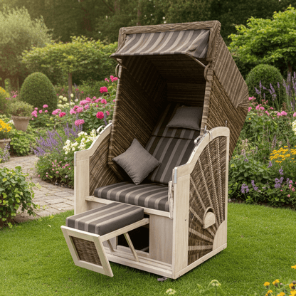 Strandkorb Trendy PURE Classic Single SUN PE white kubu Dessin 402 im Garten mit ausziehbarem Fußteil und Polstern