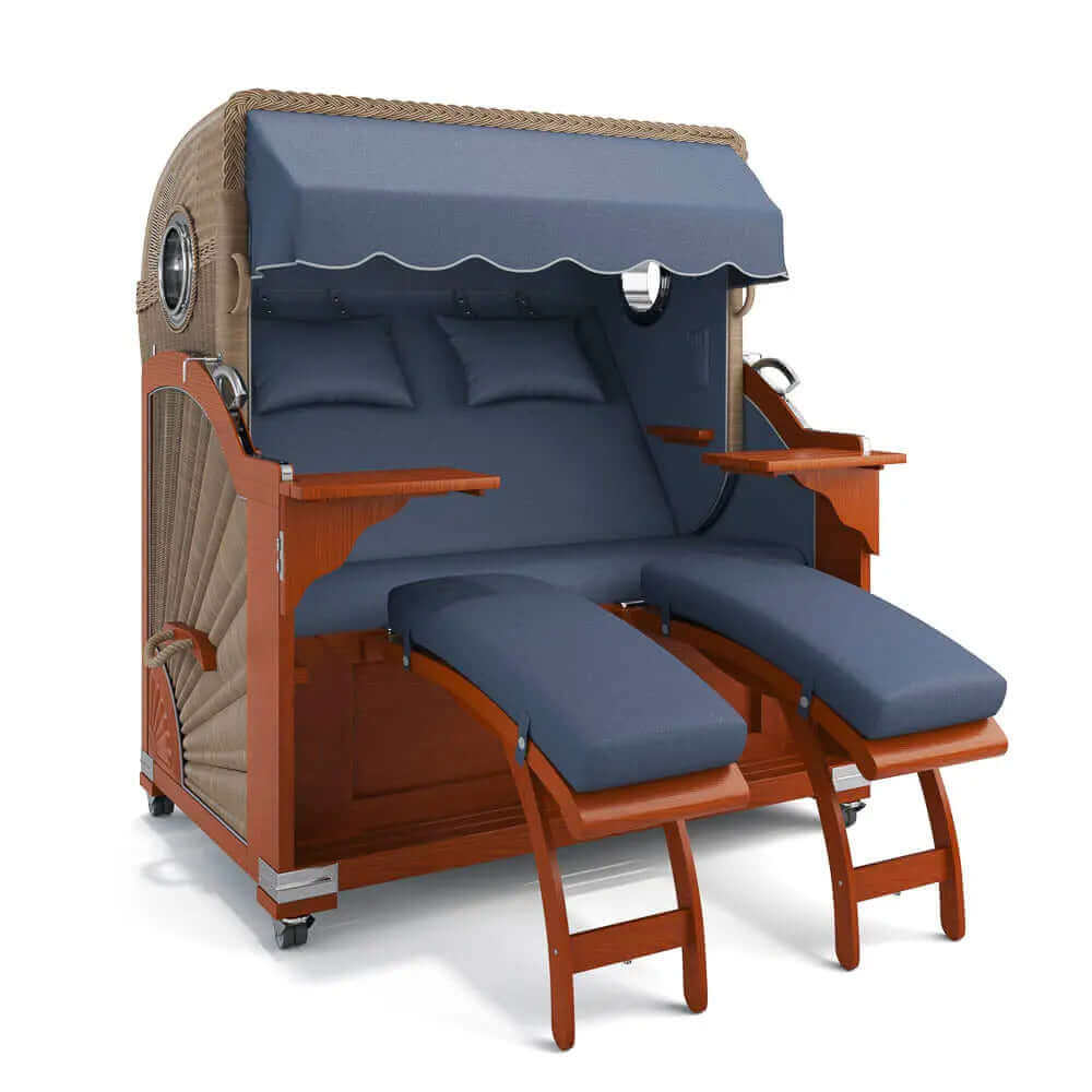 Strandkorb Kampen Mahagoni 145 cm Rattangeflecht Dessin Heritage blau 35400 - Strandkorb Fachhandel Prieß