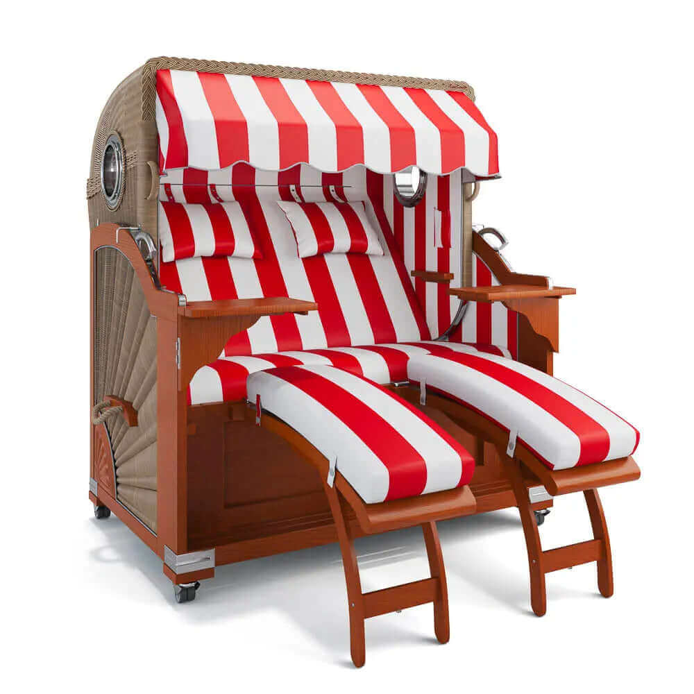 Strandkorb Kampen Mahagoni 145 cm Rattangeflecht Dessin PVC Blockstreifen abwaschbar 40003 - Strandkorb Fachhandel Prieß
