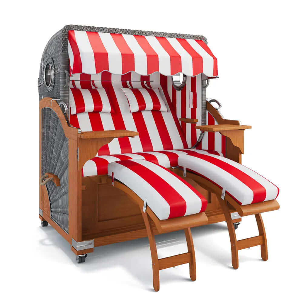 Strandkorb Kampen Teak 145 cm Rattangeflecht Dessin PVC Blockstreifen abwaschbar 40003 - Strandkorb Fachhandel Prieß