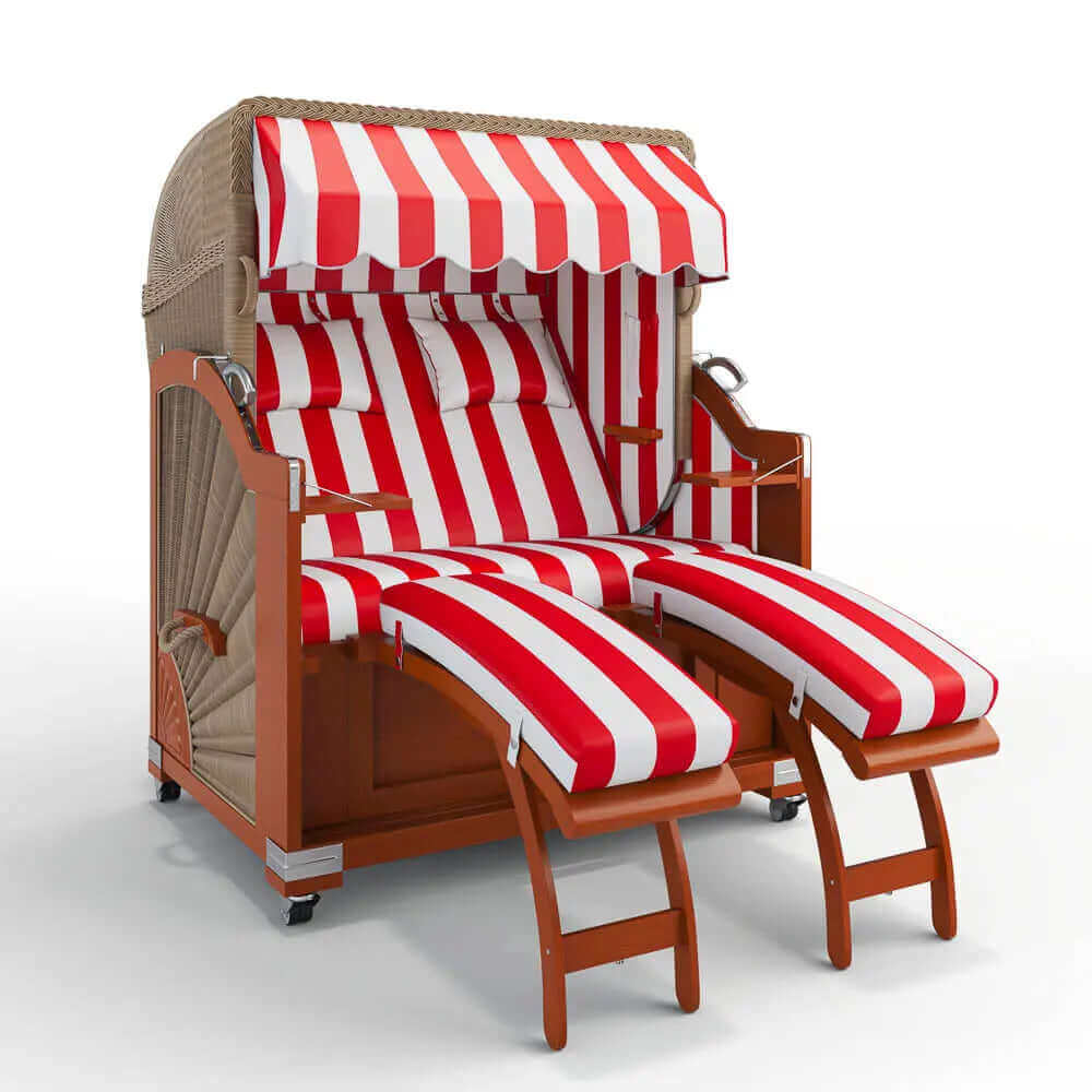 Strandkorb Keitum Mahagoni 130 cm Rattangeflecht Dessin PVC Blockstreifen abwaschbar 40003 - Strandkorb Fachhandel Prieß