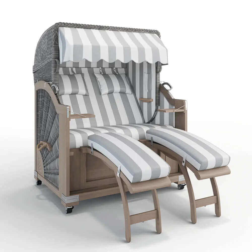 Strandkorb Keitum Vintage Teak 130 cm Rattangeflecht Dessin PVC Blockstreifen abwaschbar 40008 - Strandkorb Fachhandel Prieß