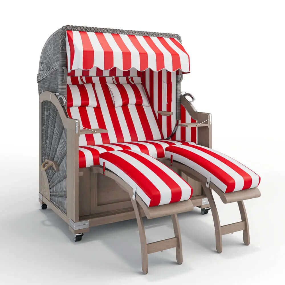 Strandkorb Keitum Vintage Teak 130 cm Rattangeflecht Dessin PVC Blockstreifen abwaschbar 40003 - Strandkorb Fachhandel Prieß