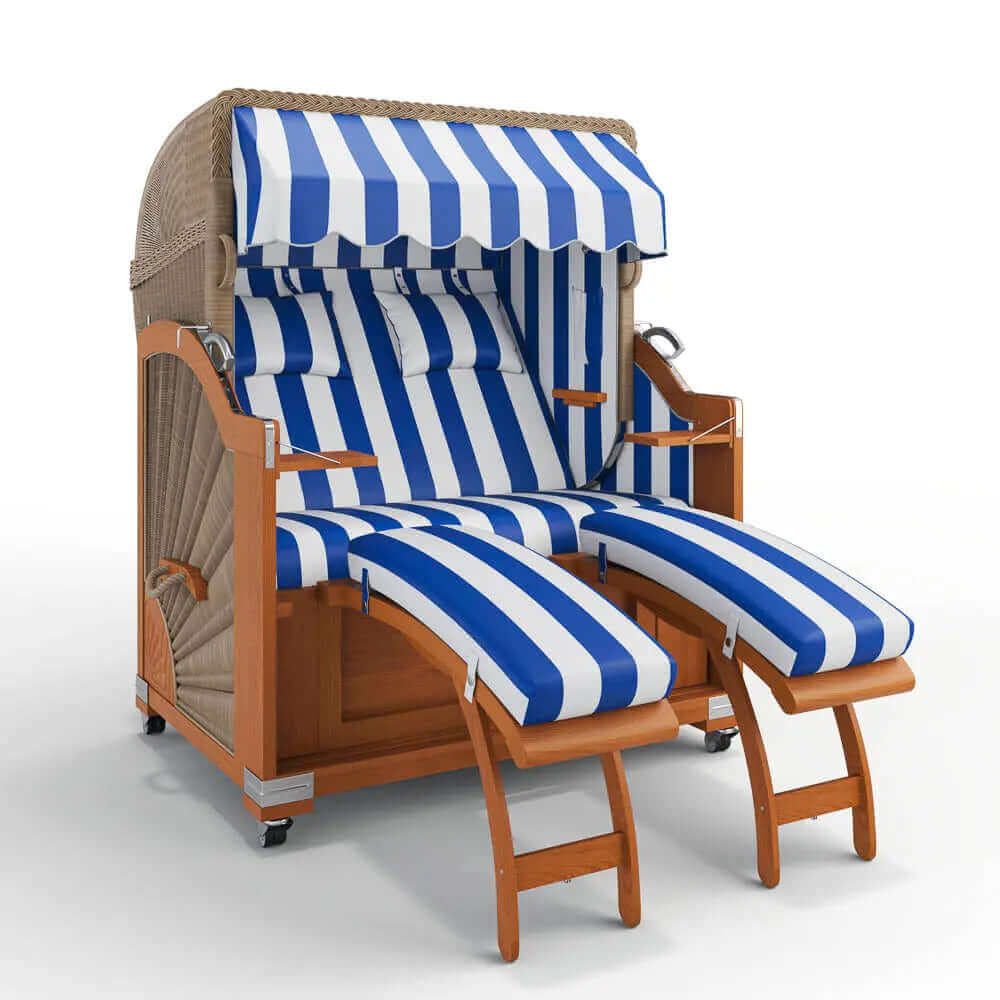 Strandkorb Keitum Teak 130 cm Rattangeflecht Dessin PVC Blockstreifen abwaschbar 40025 - Strandkorb Fachhandel Prieß