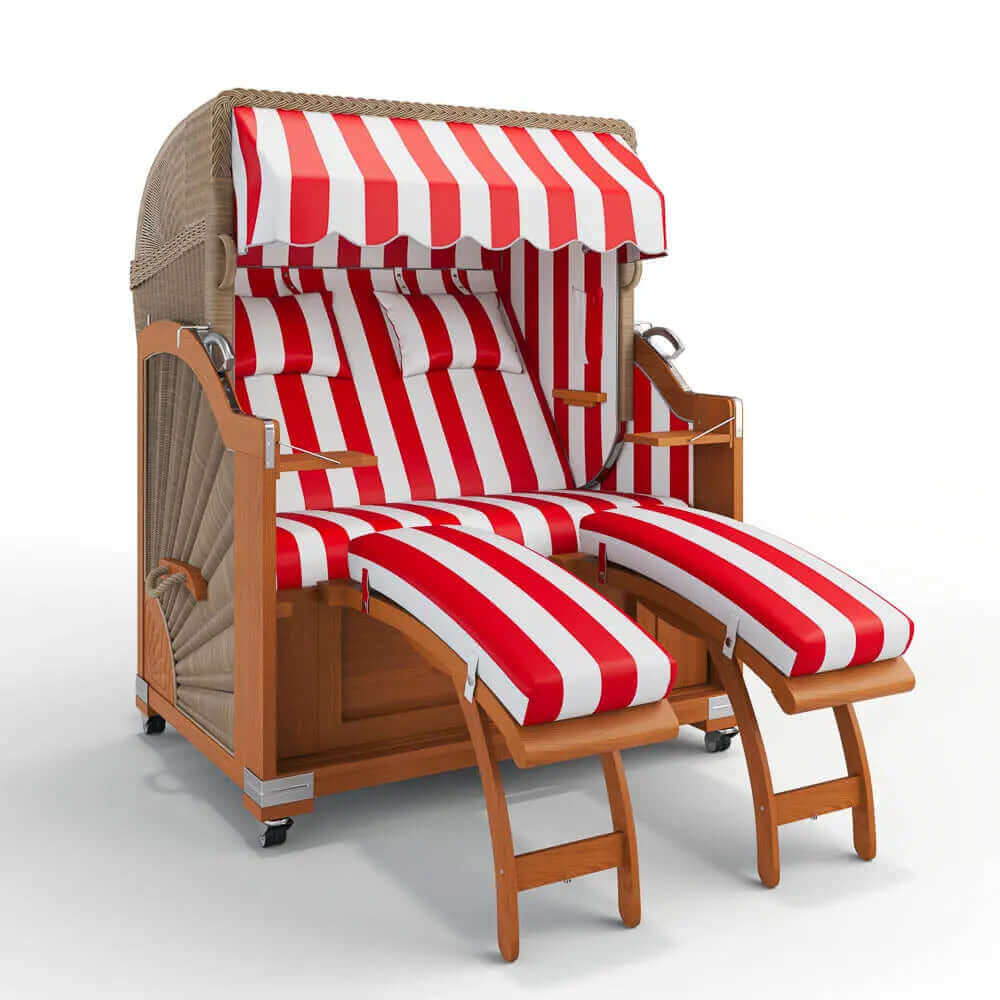 Strandkorb Keitum Teak 130 cm Rattangeflecht Dessin PVC Blockstreifen abwaschbar 40003 - Strandkorb Fachhandel Prieß