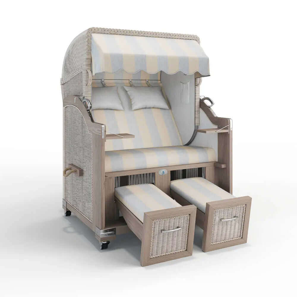 Strandkorb Landhaus Sylt Teak Vintage 120 cm, Rattangeflecht white washed, Dessin Barcelona 63608 - Strandkorb Fachhandel Prieß