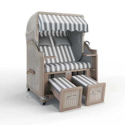 Strandkorb Landhaus Sylt Teak Vintage 120 cm, Rattangeflecht white washed, Dessin Cadiz 32708 - Strandkorb Fachhandel Prieß