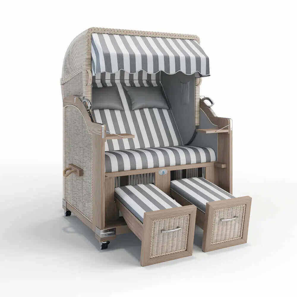 Strandkorb Landhaus Sylt Teak Vintage 120 cm, Rattangeflecht white washed, Dessin Cadiz 32708 - Strandkorb Prieß