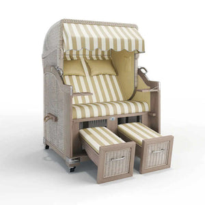 Strandkorb Landhaus Sylt Teak Vintage 120 cm, Rattangeflecht white washed, Dessin Cadiz 32707 - Strandkorb Fachhandel Prieß