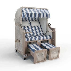 Strandkorb Landhaus Sylt Teak Vintage 120 cm, Rattangeflecht white washed, Dessin Granada 55205 - Strandkorb Fachhandel Prieß
