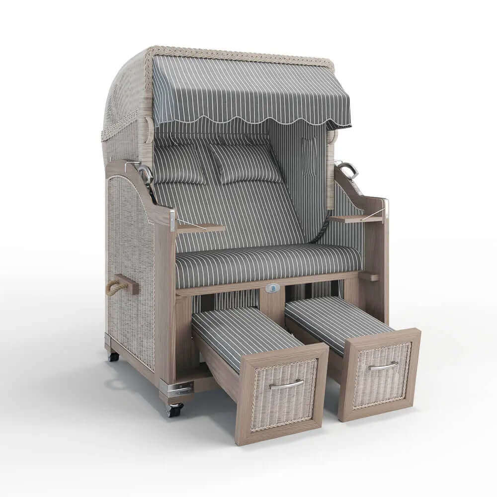 Strandkorb Landhaus Sylt Teak Vintage 120 cm, Rattangeflecht white washed, Dessin Hannover 95418 - Strandkorb Fachhandel Prieß