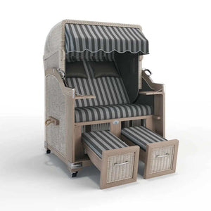 Strandkorb Landhaus Sylt Teak Vintage 120 cm, Rattangeflecht white washed, Dessin Ibiza 64208 - Strandkorb Fachhandel Prieß