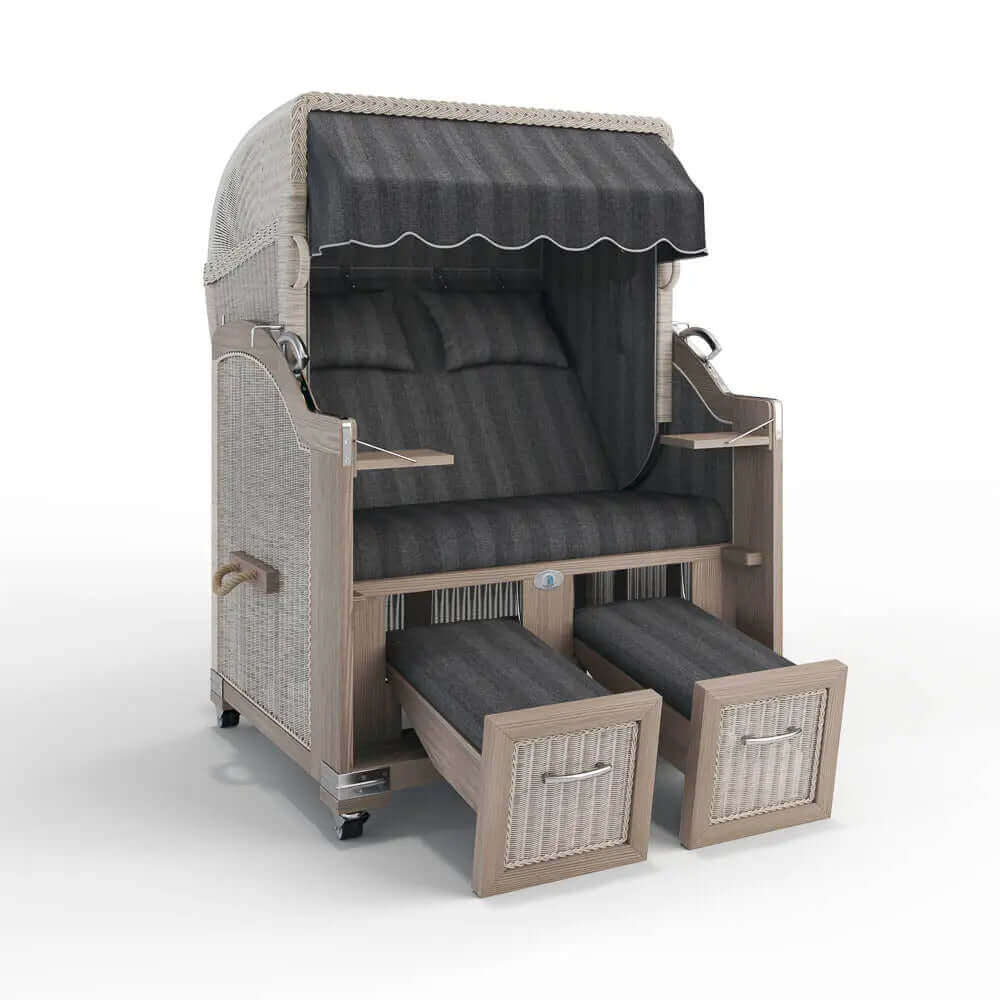 Strandkorb Landhaus Sylt Teak Vintage 120 cm, Rattangeflecht white washed, Dessin Innsbruck 42665 - Strandkorb Fachhandel Prieß