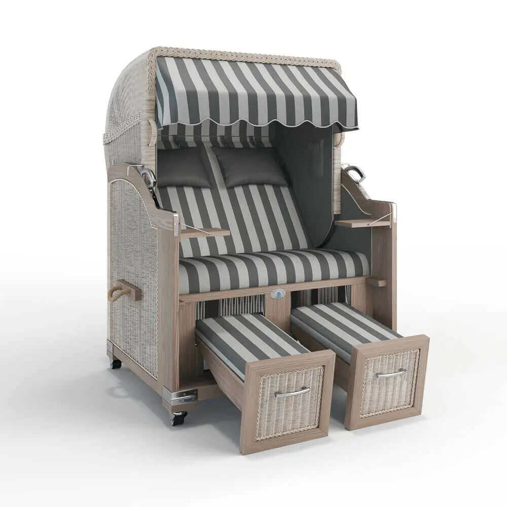 Strandkorb Landhaus Sylt Teak Vintage 120 cm, Rattangeflecht white washed, Dessin Marbella 62608 - Strandkorb Fachhandel Prieß