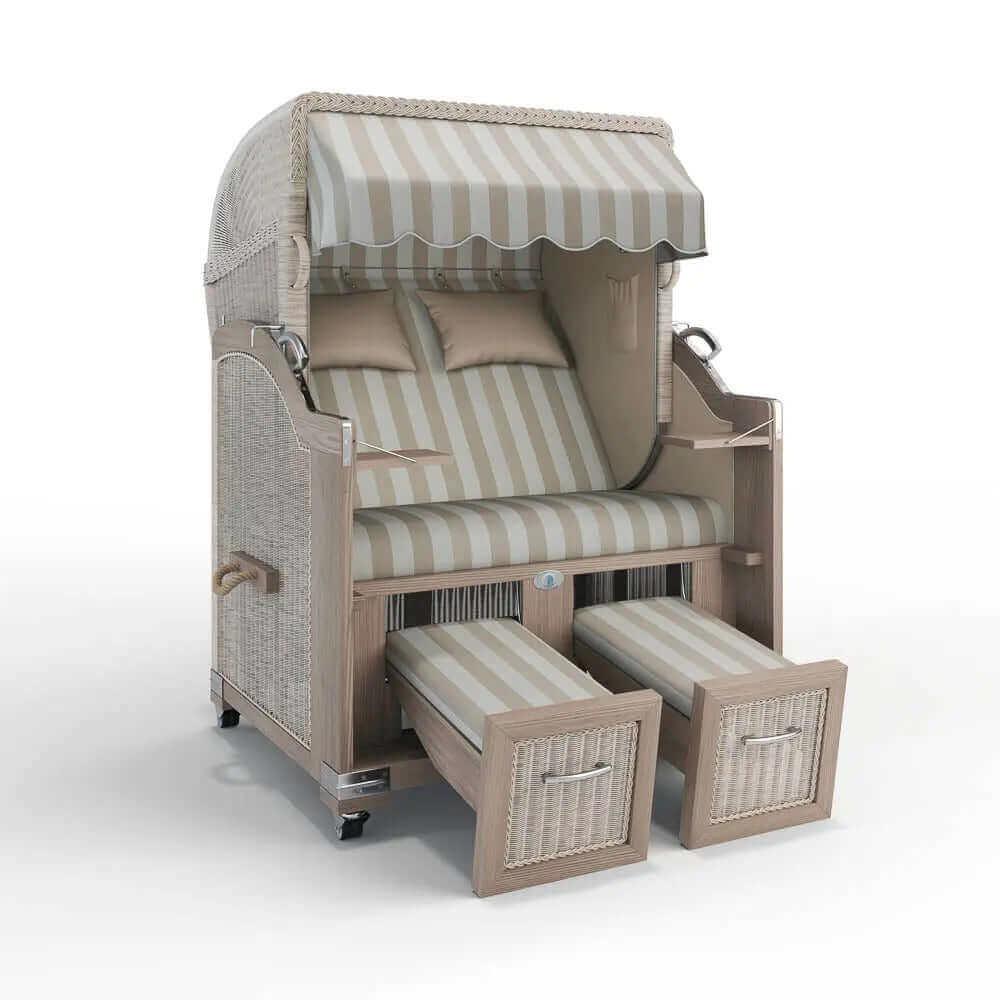 Strandkorb Landhaus Sylt Teak Vintage 120 cm, Rattangeflecht white washed, Dessin Marbella 62607 - Strandkorb Fachhandel Prieß