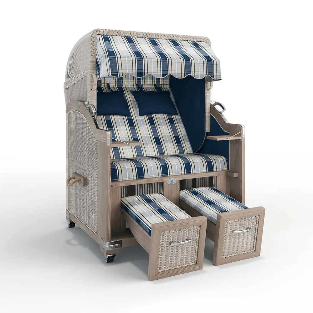 Strandkorb Landhaus Sylt Teak Vintage 120 cm, Rattangeflecht white washed, Dessin Maspalomas 26105 - Strandkorb Fachhandel Prieß