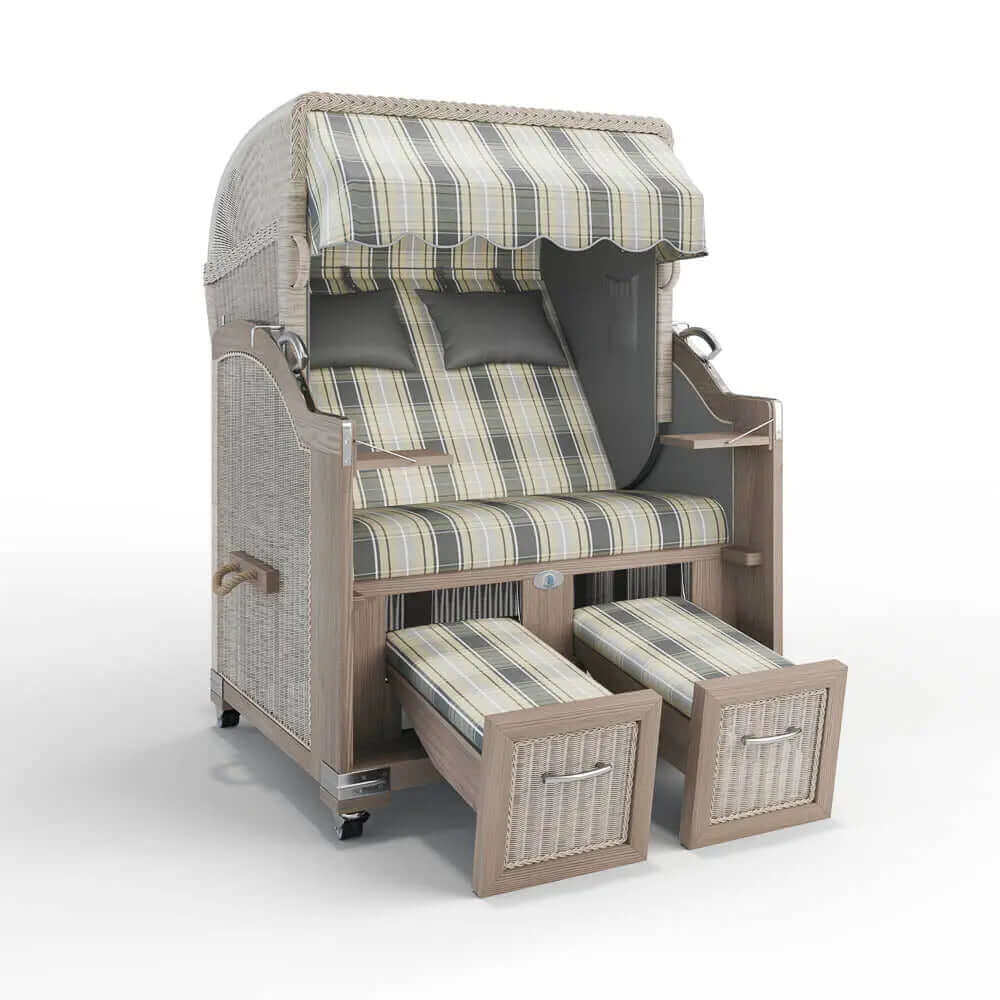Strandkorb Landhaus Sylt Teak Vintage 120 cm, Rattangeflecht white washed, Dessin Maspalomas 26103 - Strandkorb Fachhandel Prieß