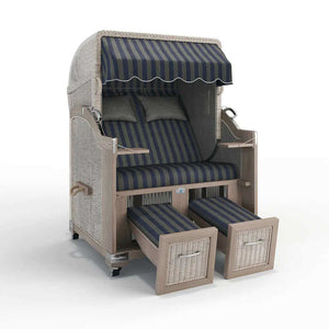 Strandkorb Landhaus Sylt Teak Vintage 120 cm, Rattangeflecht white washed, Dessin Menorca 70500 - Strandkorb Fachhandel Prieß