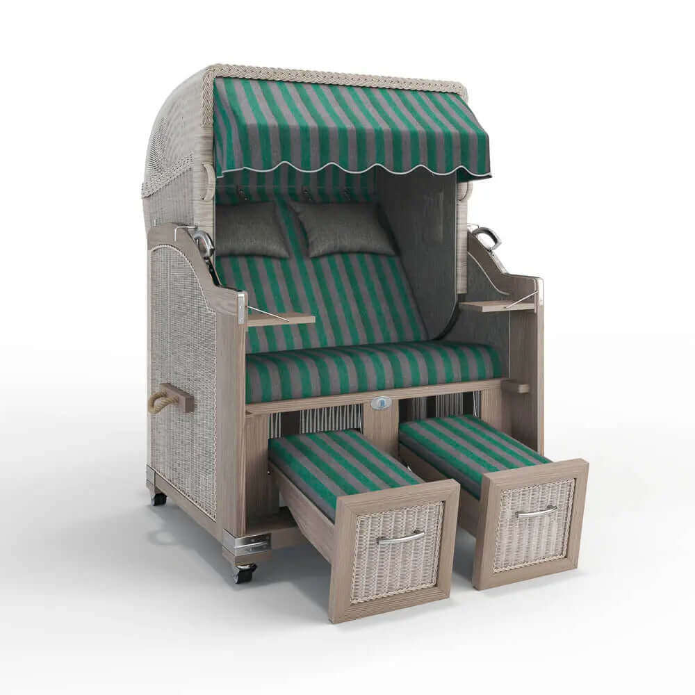 Strandkorb Landhaus Sylt Teak Vintage 120 cm, Rattangeflecht white washed, Dessin Menorca 70600 - Strandkorb Fachhandel Prieß