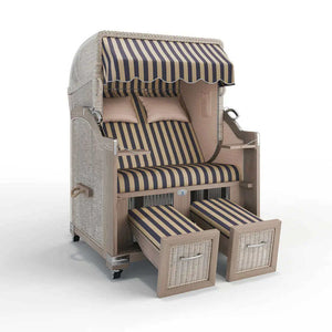 Strandkorb Landhaus Sylt Teak Vintage 120 cm, Rattangeflecht white washed, Dessin Menorca 72150 - Strandkorb Fachhandel Prieß