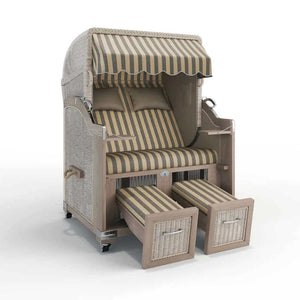 Strandkorb Landhaus Sylt Teak Vintage 120 cm, Rattangeflecht white washed, Dessin Menorca 72158 - Strandkorb Fachhandel Prieß