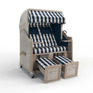 Strandkorb Landhaus Sylt Teak Vintage 120 cm, Rattangeflecht white washed, Dessin München 48105 - Strandkorb Fachhandel Prieß
