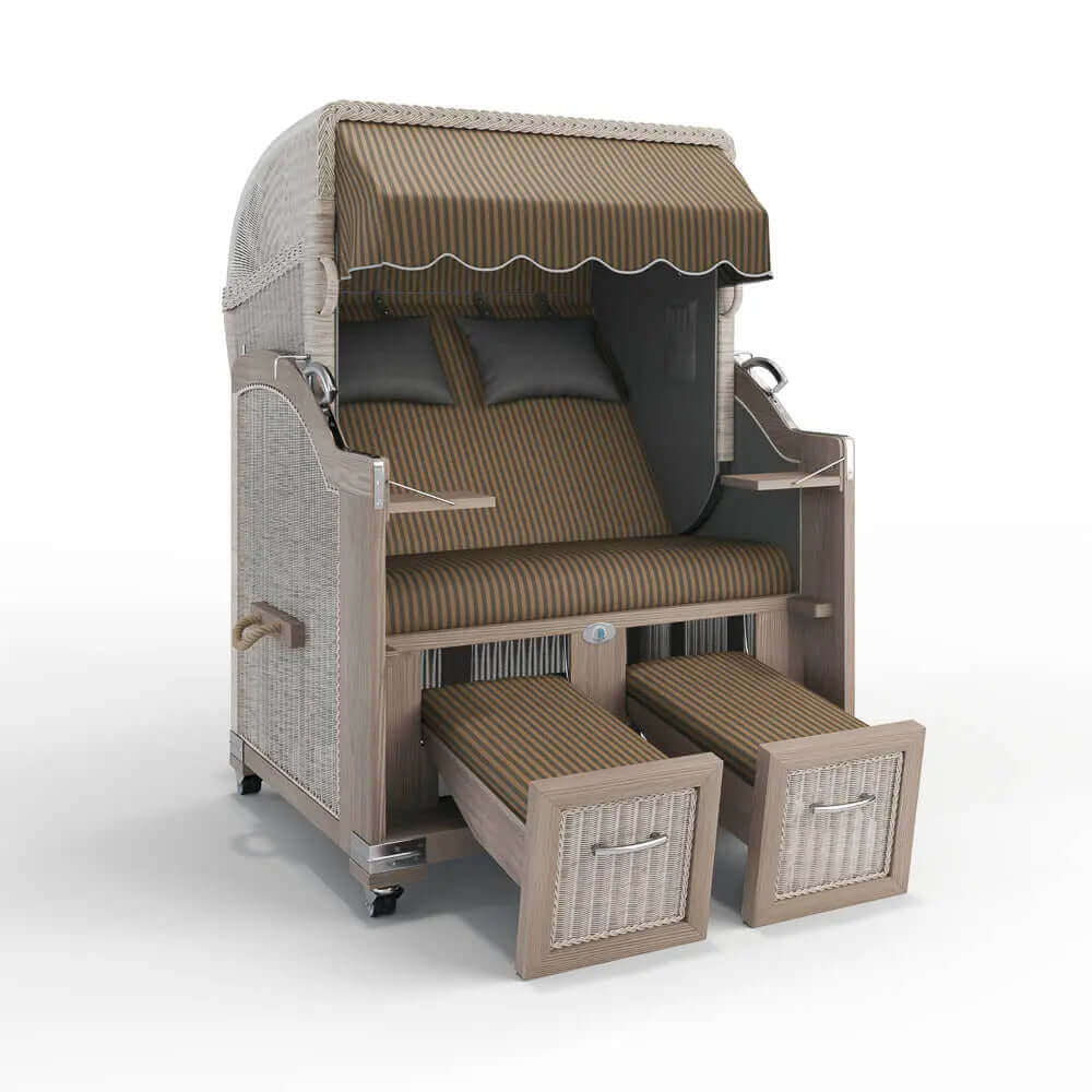 Strandkorb Landhaus Sylt Teak Vintage 120 cm, Rattangeflecht white washed, Dessin New York 57436 - Strandkorb Fachhandel Prieß