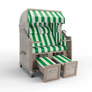 Strandkorb Landhaus Sylt Teak Vintage 120 cm, Rattangeflecht white washed, PVC-Stoff abwaschbar, Dessin grün weiss 40026 - Strandkorb Fachhandel Prieß