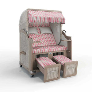 Strandkorb Landhaus Sylt Teak Vintage 120 cm, Rattangeflecht white washed, Dessin Palma 24423 - Strandkorb Fachhandel Prieß