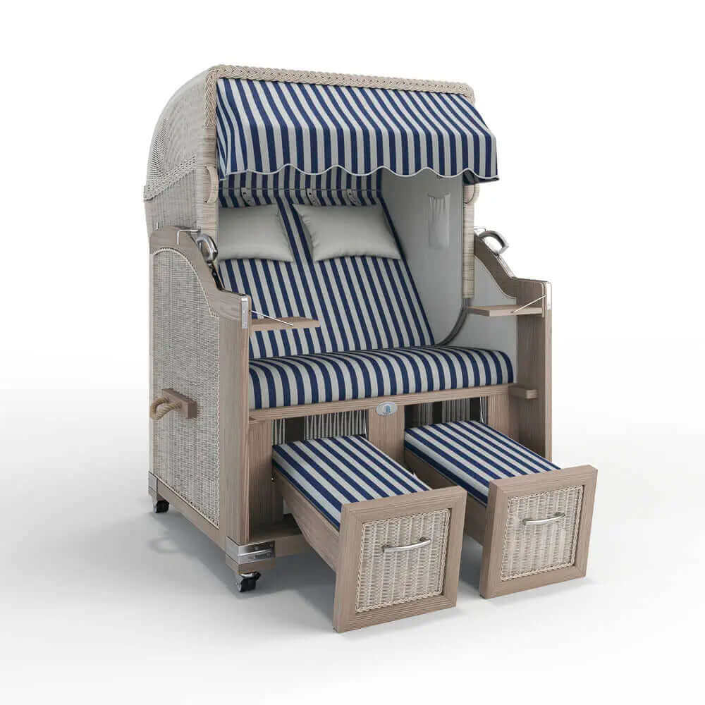 Strandkorb Landhaus Sylt Teak Vintage 120 cm, Rattangeflecht white washed, Dessin Porto 82385 - Strandkorb Fachhandel Prieß